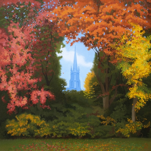 oil landscape painting frame autumn leaves church in background
