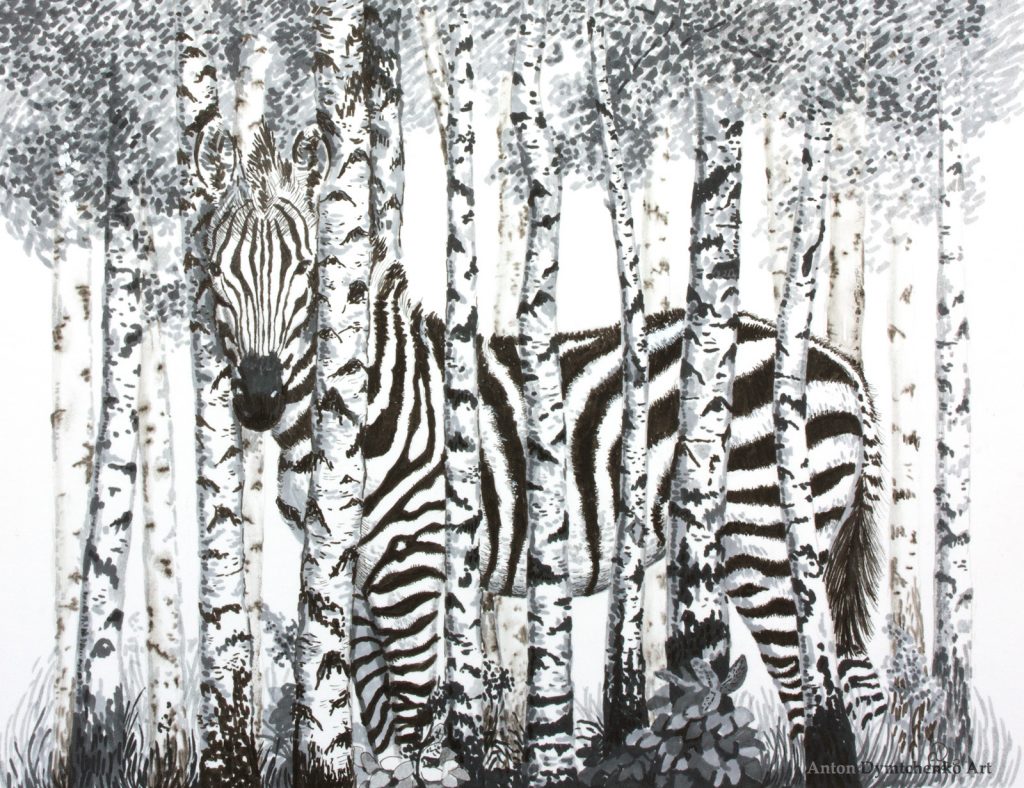 zebra forest birches camouflage ink drawing