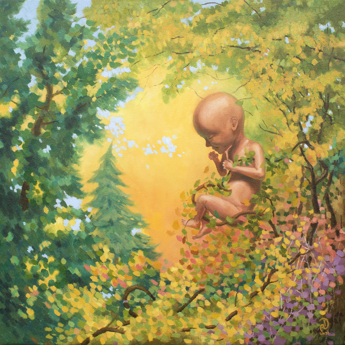 child of nature painting baby fetus floating in autumn forest