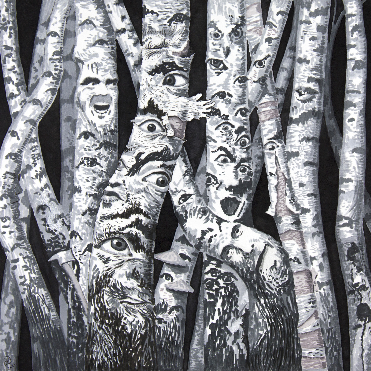 Haunted Birch Forest Scary Eyes Trees Ink Drawing ad