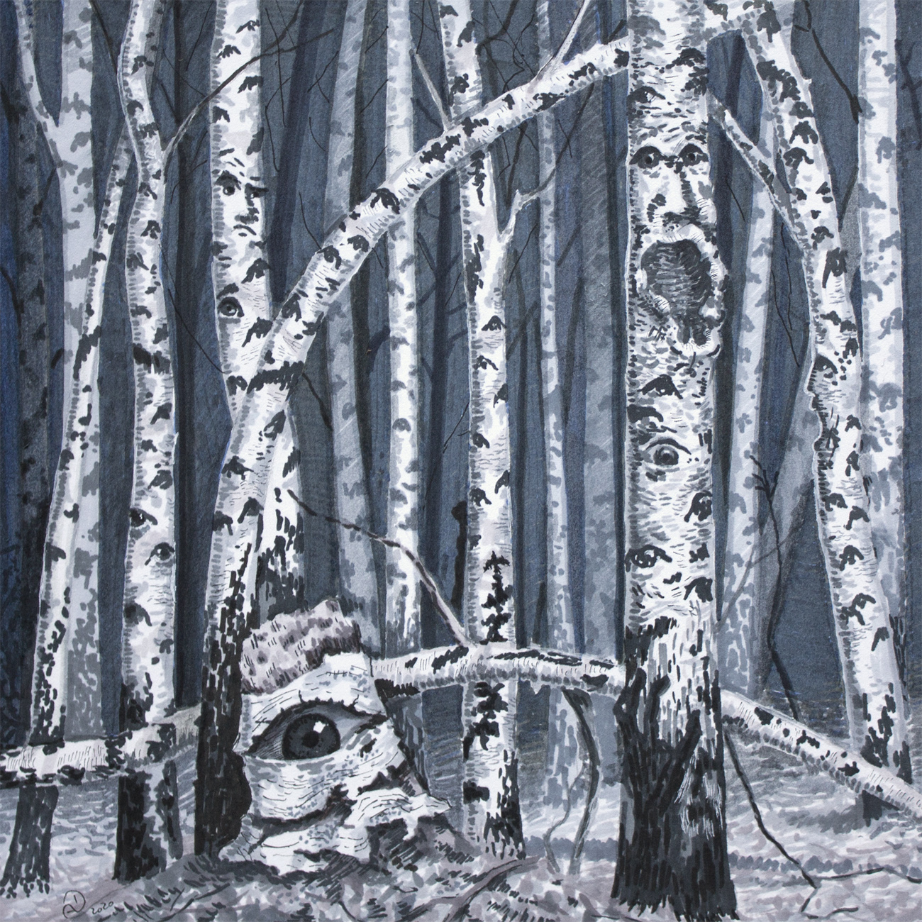 drawing tree birch forest haunted faces scary
