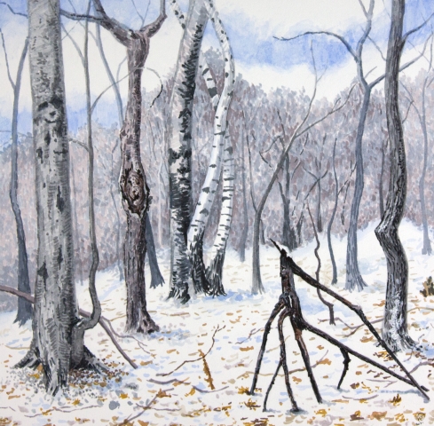 Winter Forest Folk Canadian Nature Wild Trees Drawing Mixed Media