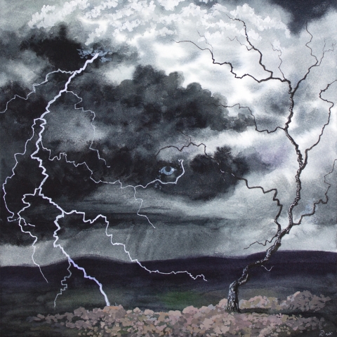 watercolor, gouache, ink, painting, drawing, storm, clouds, sky