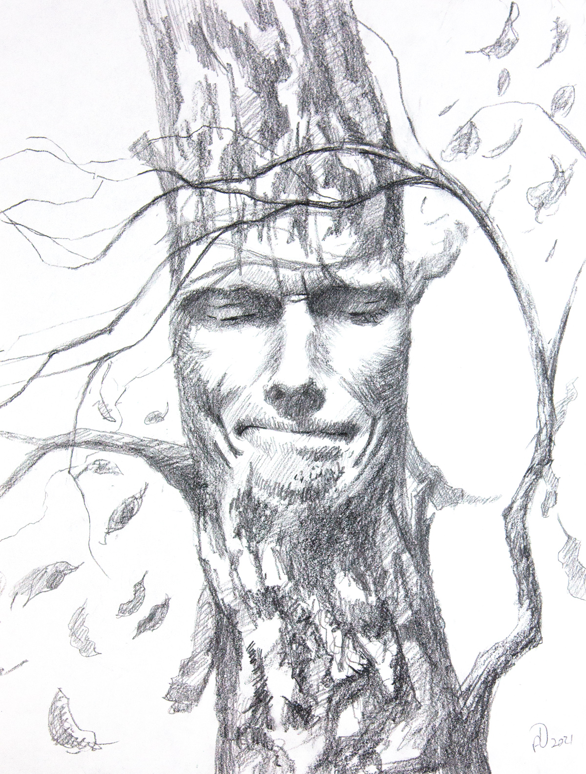 Melancholic Tree Face Expression Pencil Drawing