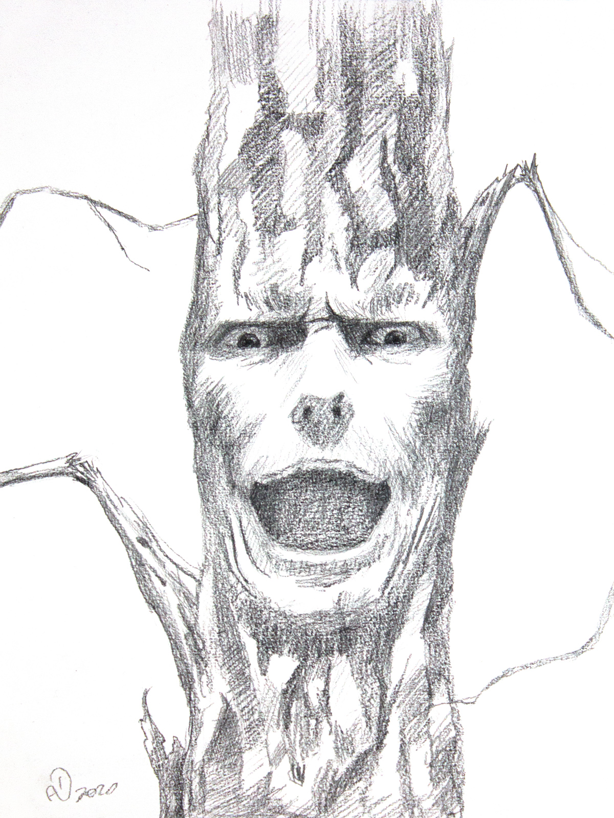 Screaming Tree Face Expression Pencil Drawing